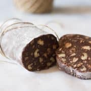 chocolate salami sliced and wrapped in kitchen twine