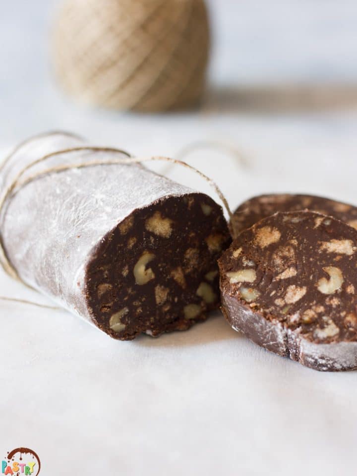 chocolate salami sliced and wrapped in kitchen twine