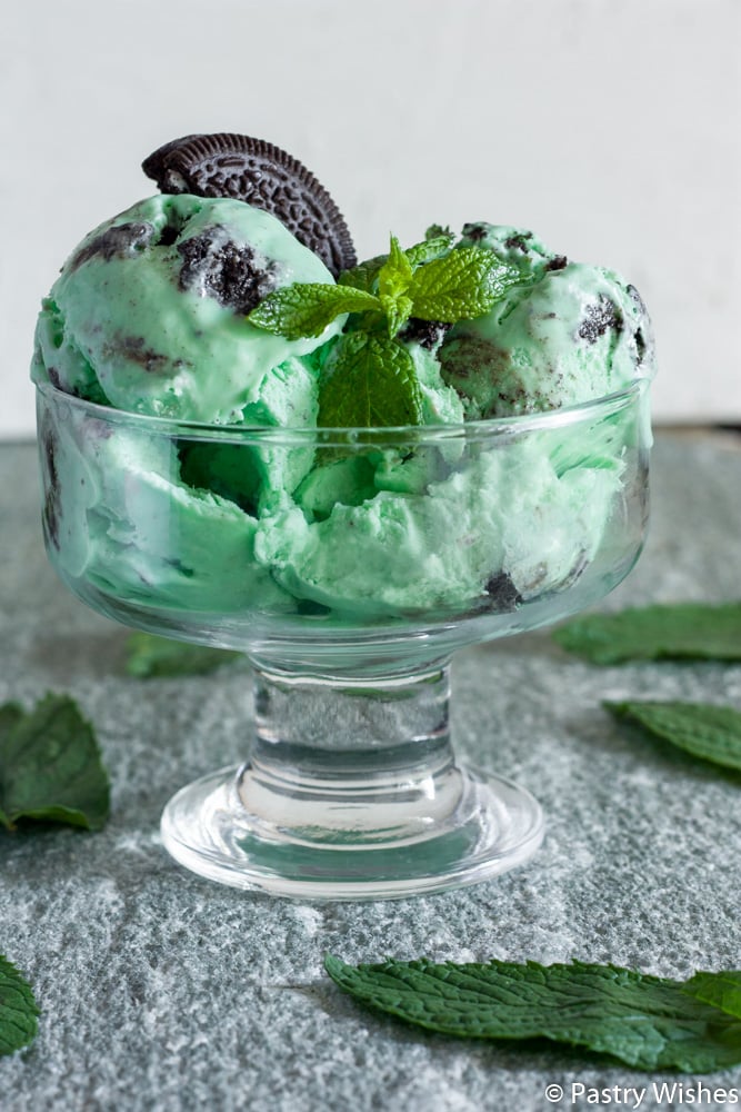 oreo mint ice cream in a glass with mint leaves