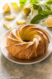 lemon olive oil cake on a white plate with lemon slices and branch in the background