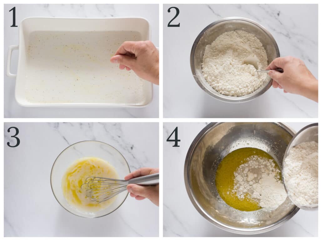 Eggless cinnamon rolls steps 1-4 prep pan mix flour mix wet ingredients add some flour