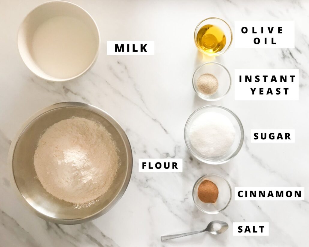 INGREDIENTS FOR EGGLESS CINNAMON ROLLS milk flour olive oil instant yeast sugar cinnamon salt