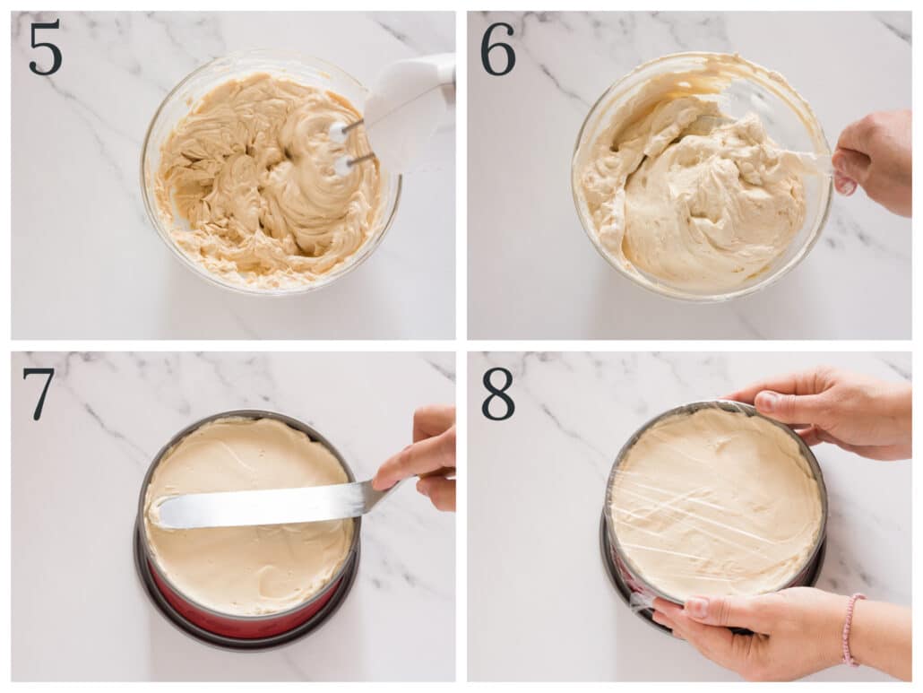 collage-of-4-photos-showing-how-to-make-biscoff-cheesecake-filling-and spreading-in-pan