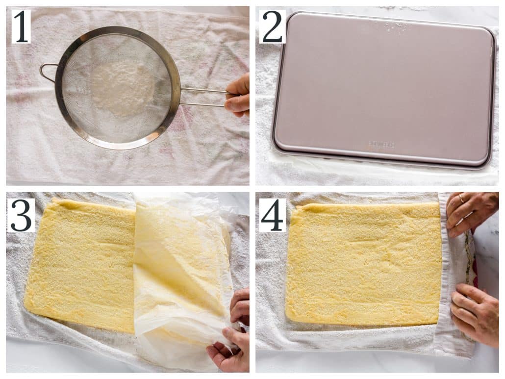 a collage of four photos of rolling a vanilla swiss roll cake step 1-4