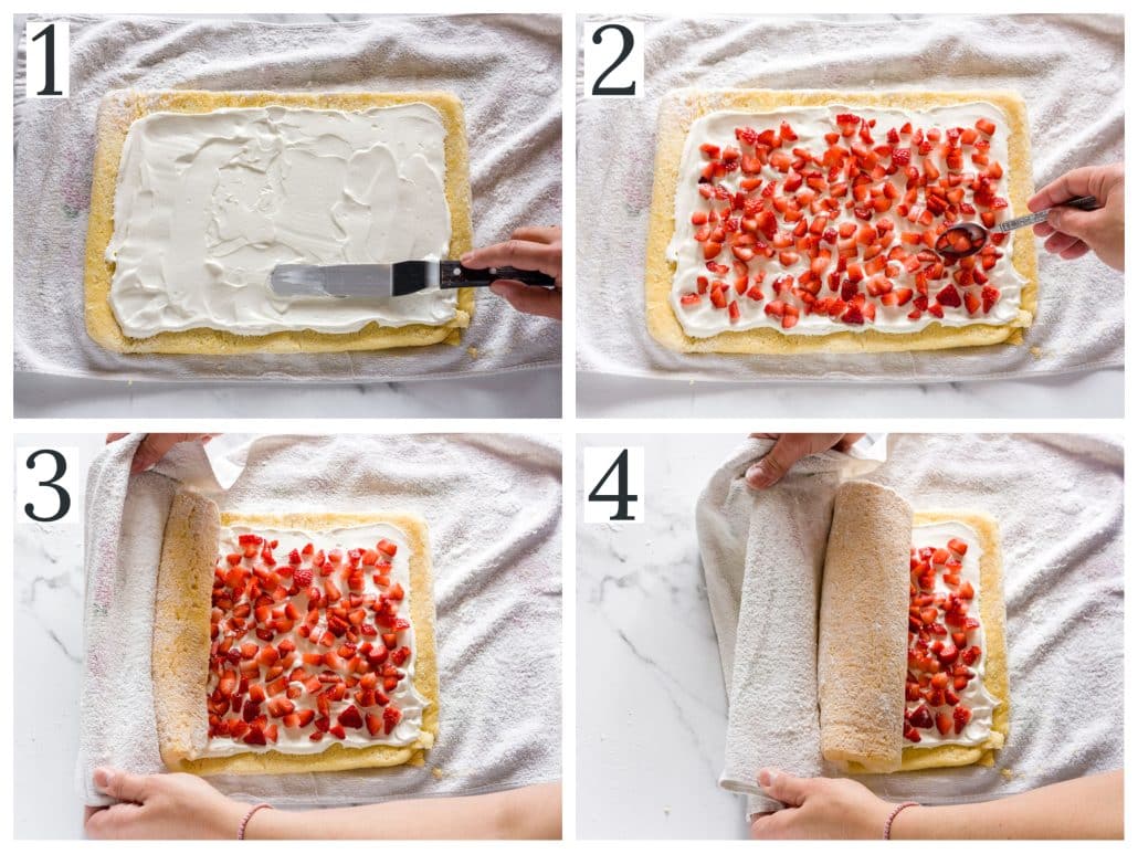 a collage of four photos of filling and rolling a vanilla swiss roll cake