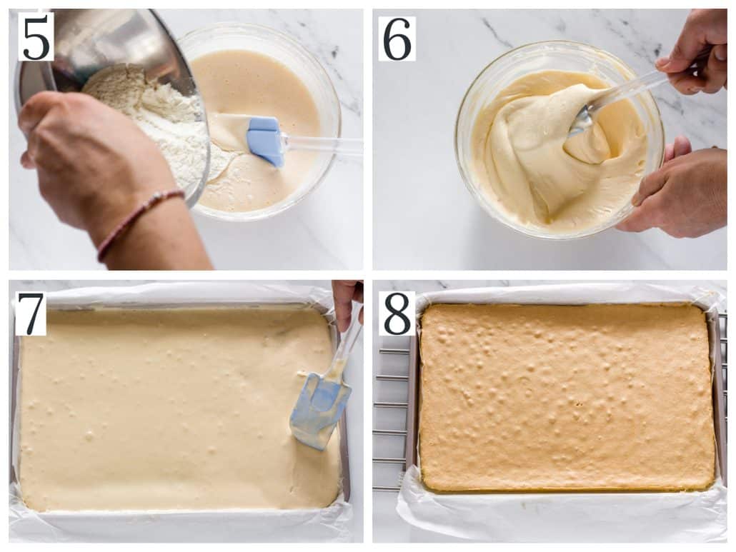 a collage of four photos of making a vanilla swiss roll cake steps 5-8