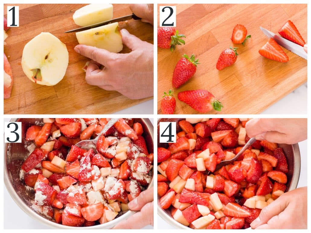 a collage of four photos of strawberry apple crumble step 1-4