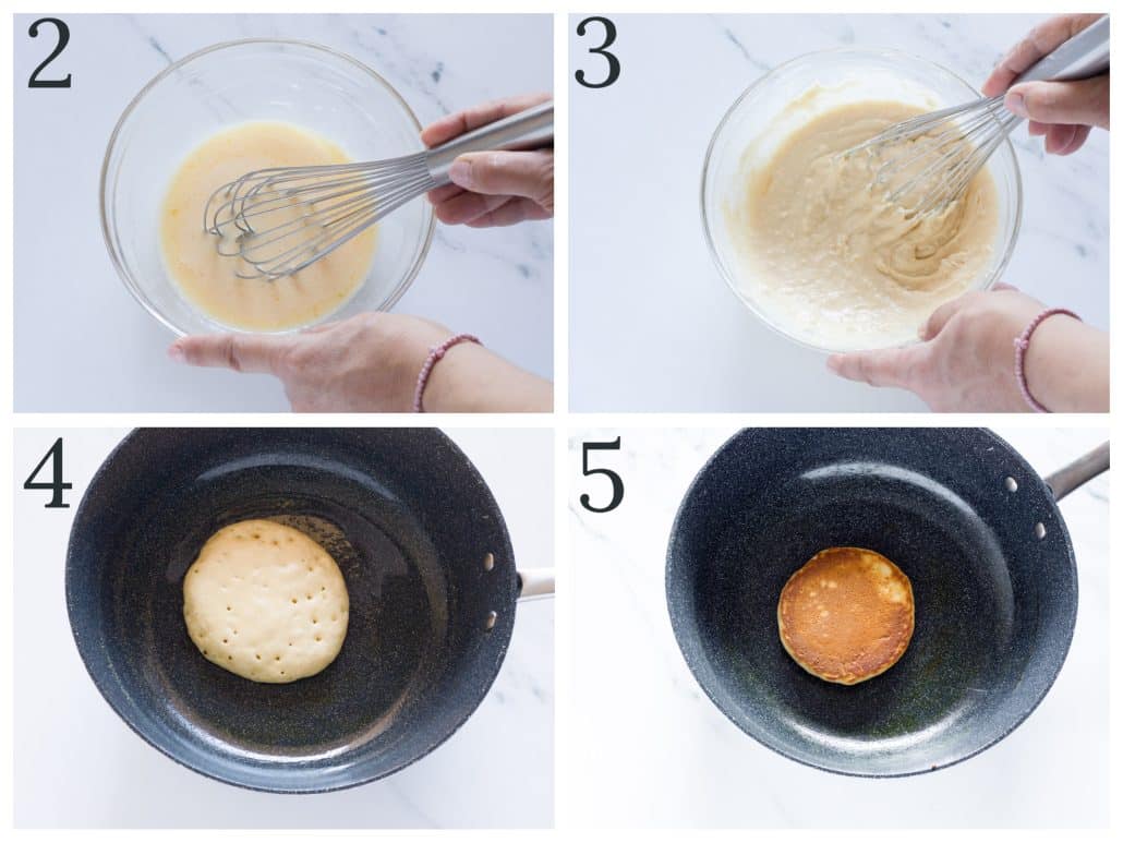 a collage of four photos of making biscoff pancakes step 2-5