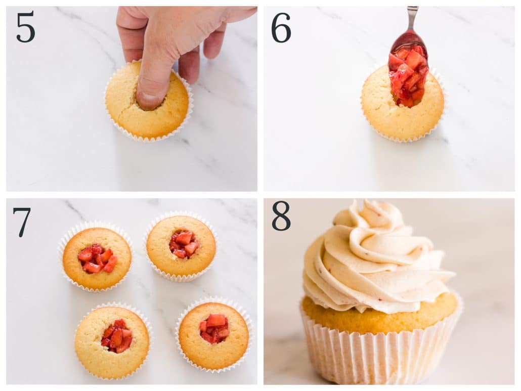 a collage of four photos of filling cupcakes with strawberries step 5-8