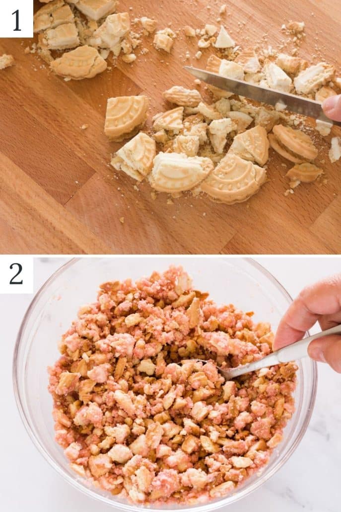 a collage of two photos of making strawberry crunch topping step 1-2