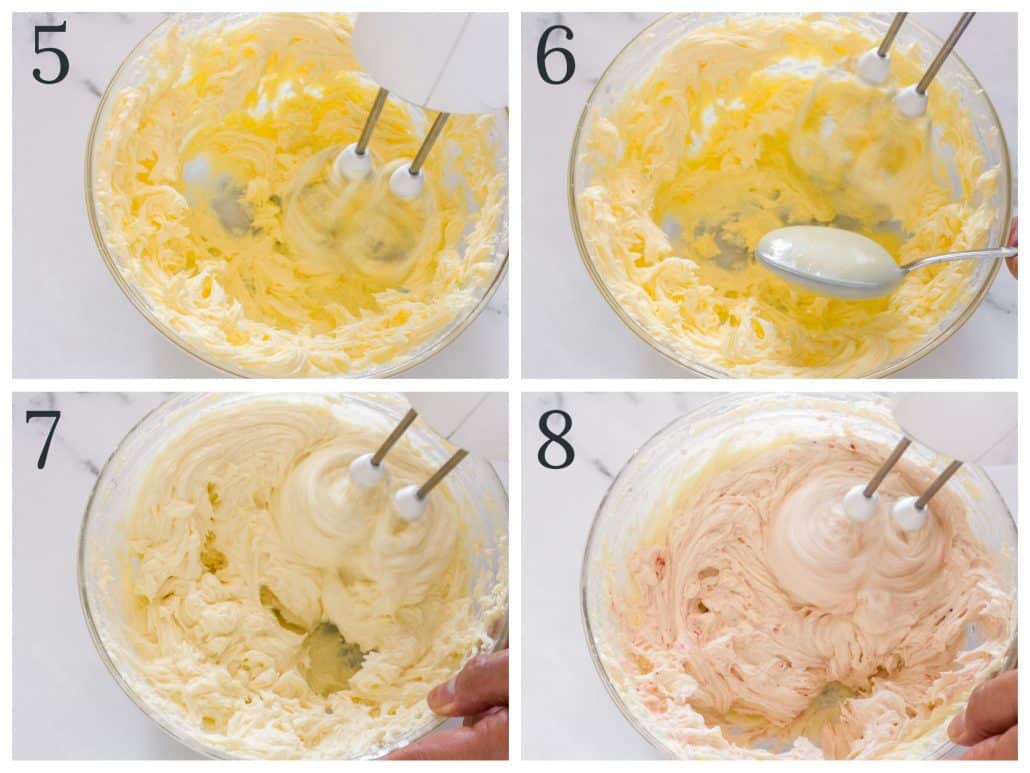 a collage of four photos of making ermine frosting step 5-8