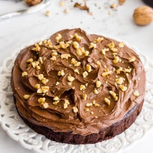 chocolate walnut cake with fudge frosting and walnuts