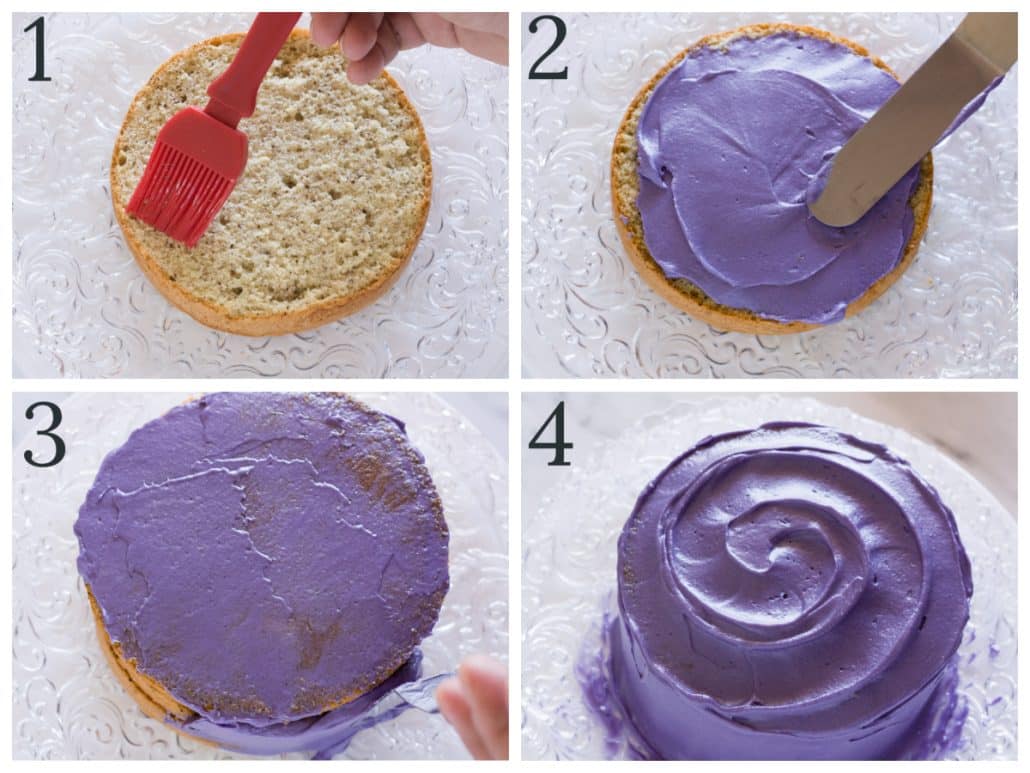 a collage of four photos of assembling an earl grey lavender cake step 1-4