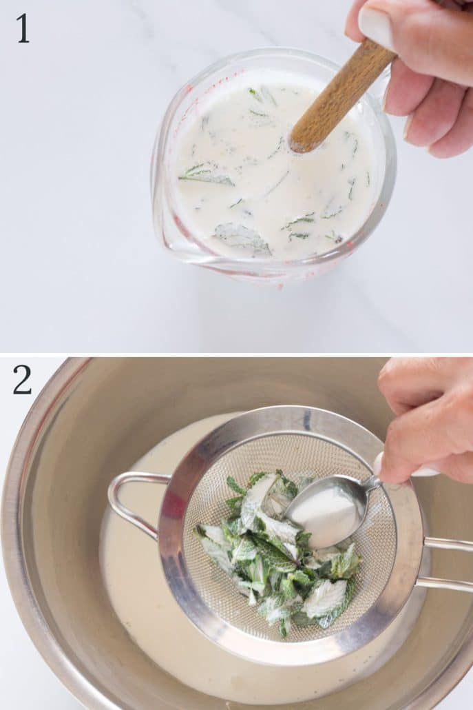 a collage of two photos of infusing heavy cream with mint