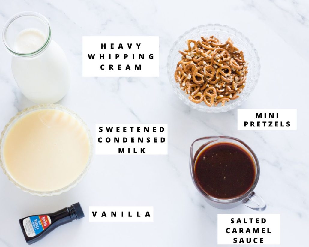ingredients for salted caramel pretzel ice cream