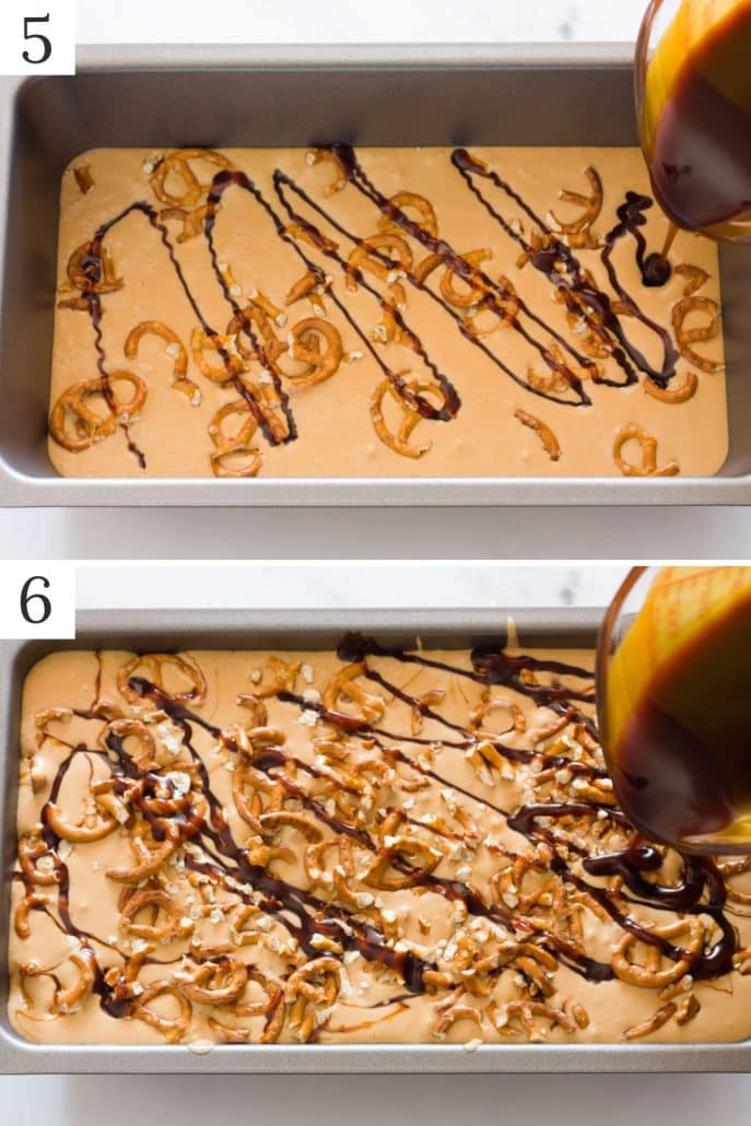 a collage of four photos of making salted caramel pretzel ice cream step5-6
