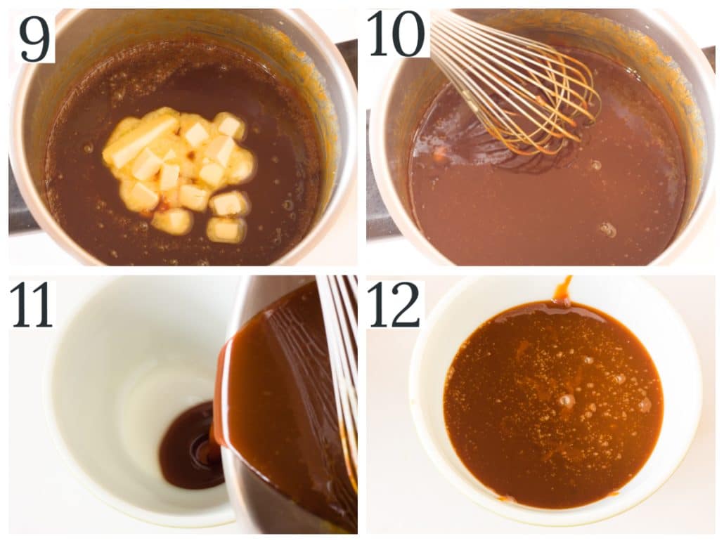 a collage of four photos of making salted caramel sauce step 9-12