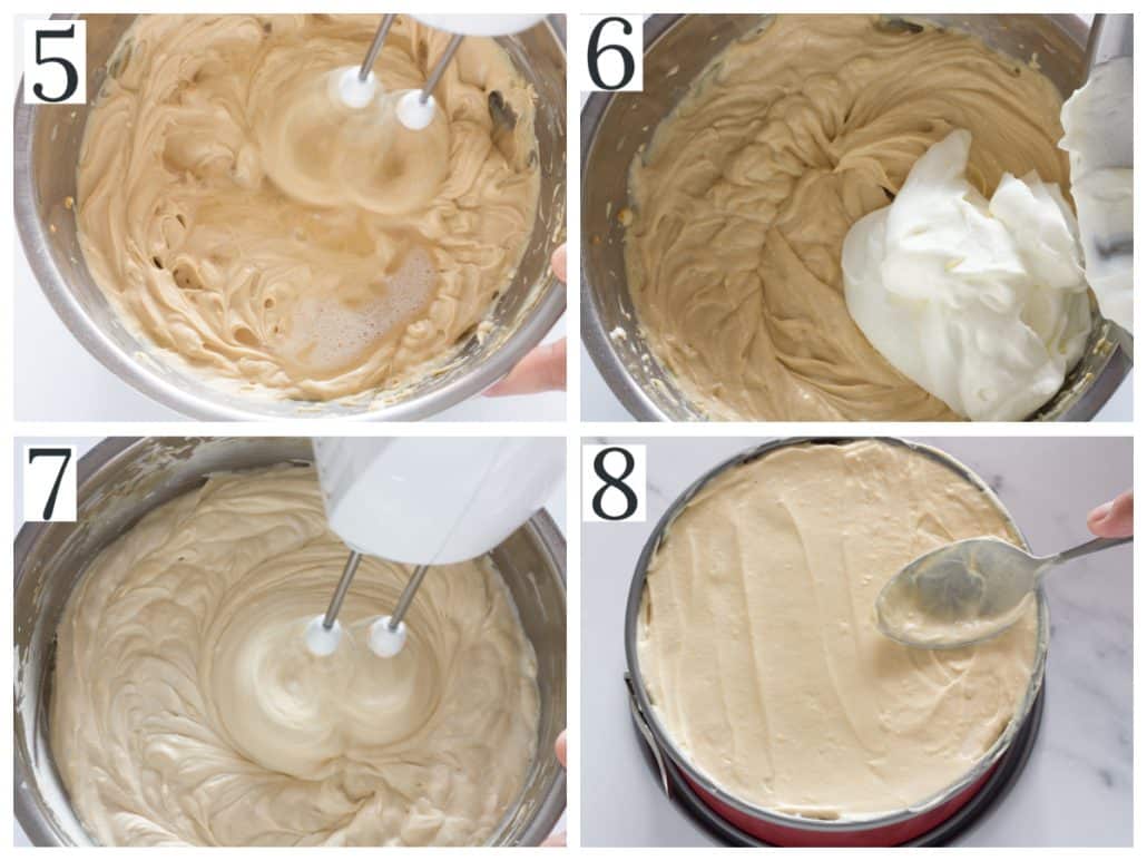 a collage of four photos of making no bake caramel cheesecake step 5 - 8