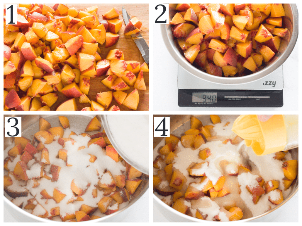A collage of four photos of making peach jam step 1-4.