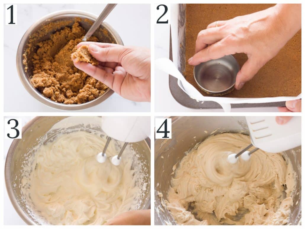 a collage of four photos of making no bake pumpkin cheesecake bars steps 1-4