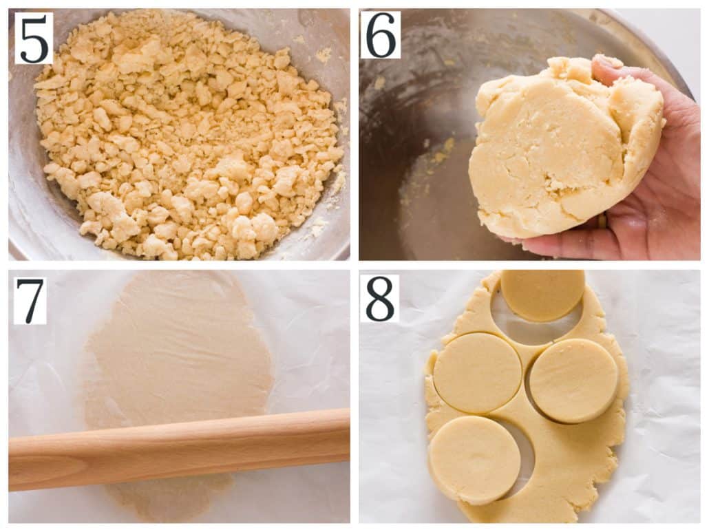 a collage of four photos of making chocolate dipped sugar cookies
