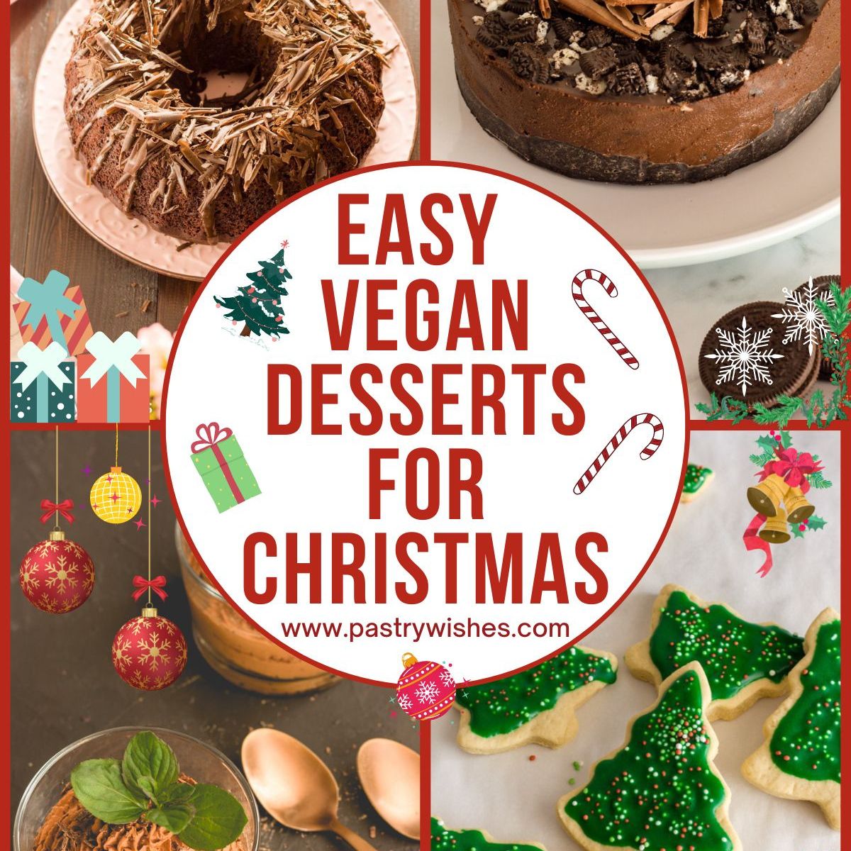 a collage of four photos of vegan Christmas desserts