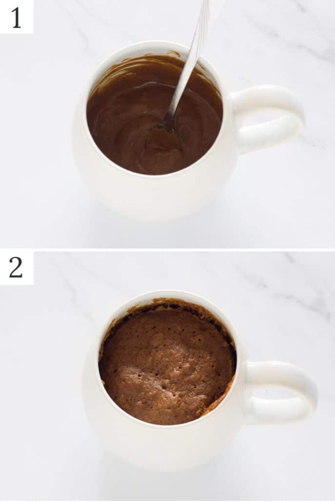 A collage of two photos of making a gingerbread mug cake.
