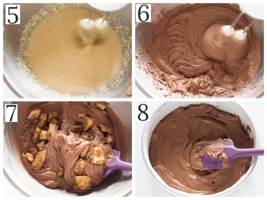 A collage of four photos of making pear and chocolate cake step 5-8.