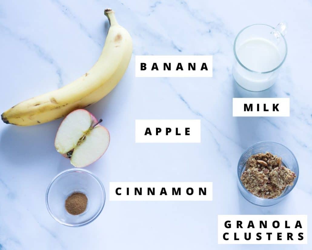 Labeled ingredients for granola smoothie.