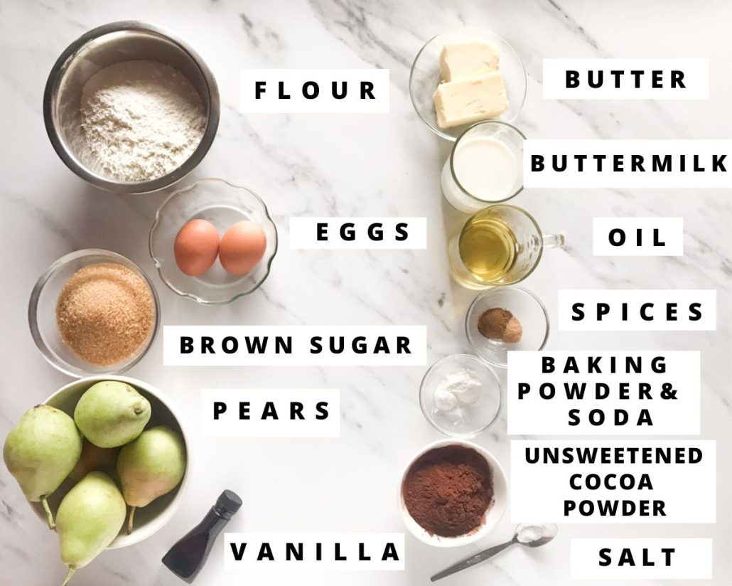 Labeled ingredients for pear and chocolate cake.