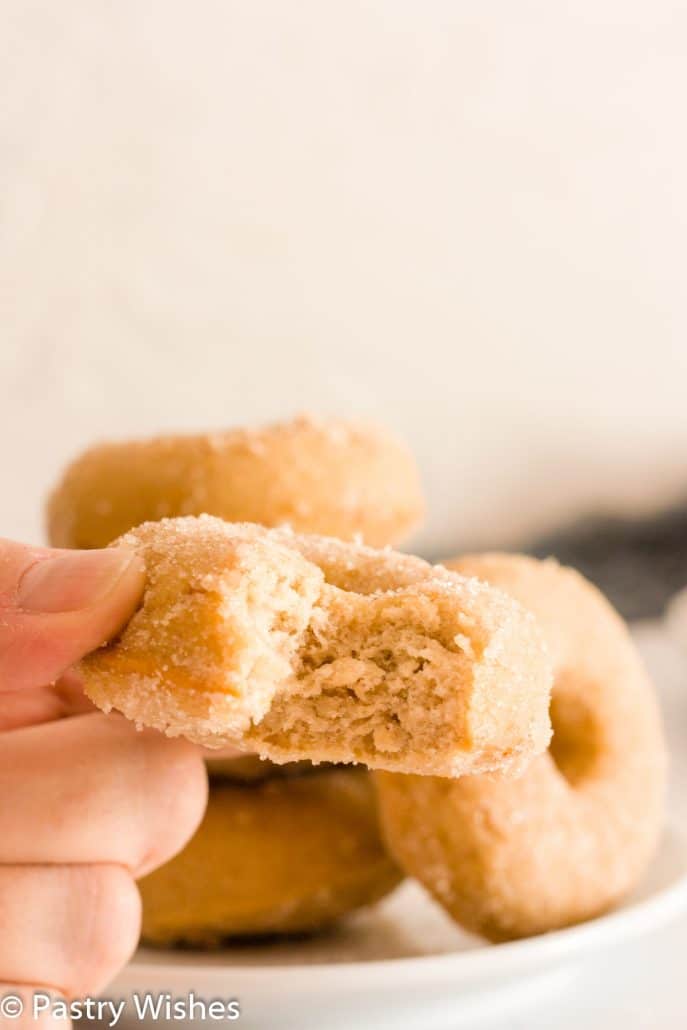 A close up of a hand holding a bitten cinnamon sugar donut.