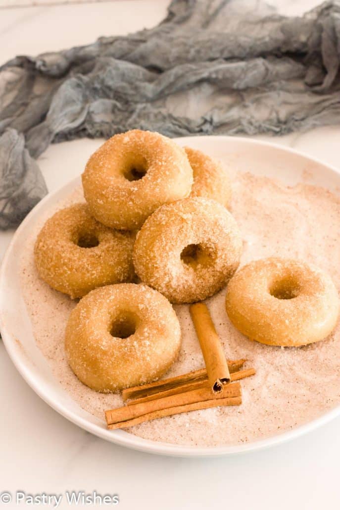 Cinnamon sugar donuts on a plate full of cinnamon sugar and cinnamon sticks on a white surface.