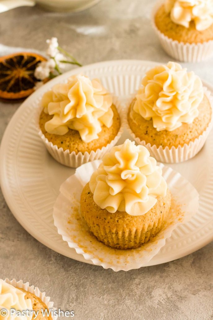 Earl Grey cupcakes on a white plate.