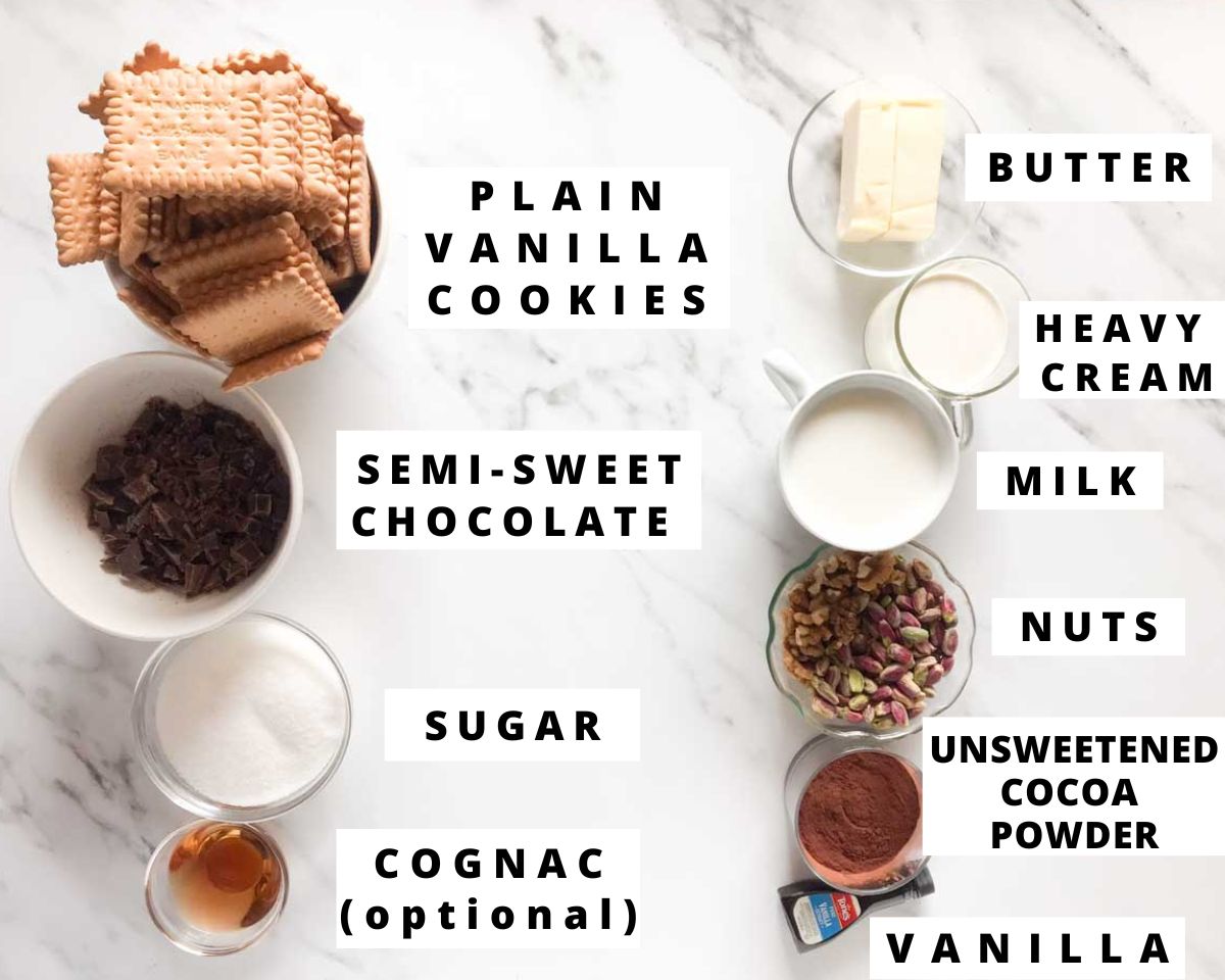 Labeled ingredients for lazy cake recipe.