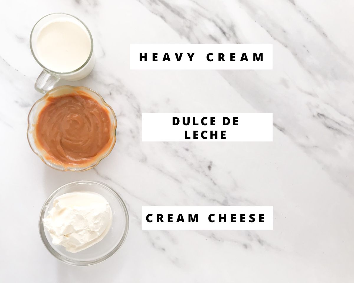 Labeled ingredients for dulce de leche mousse.