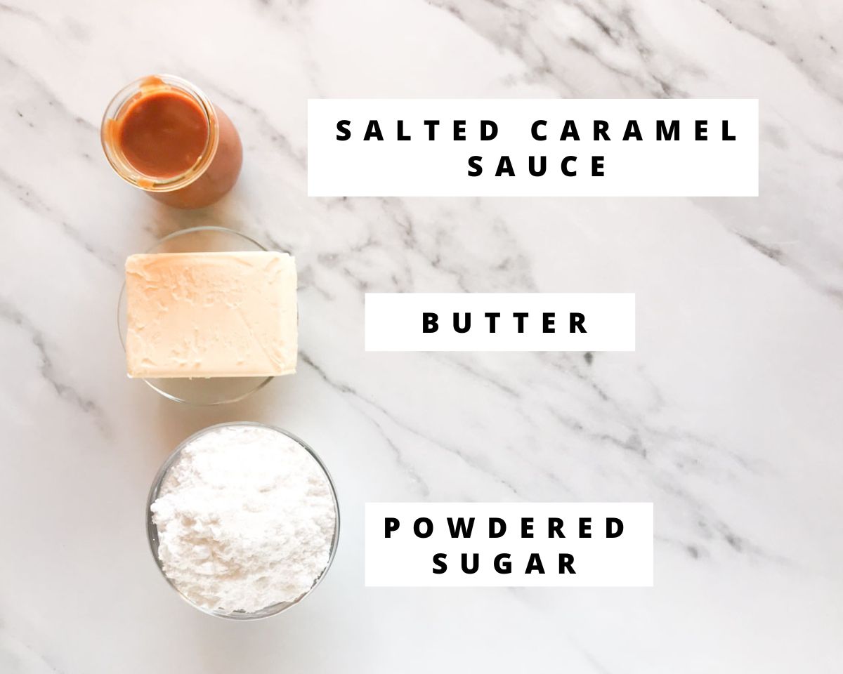 Labeled ingredients for salted caramel buttercream frosting.