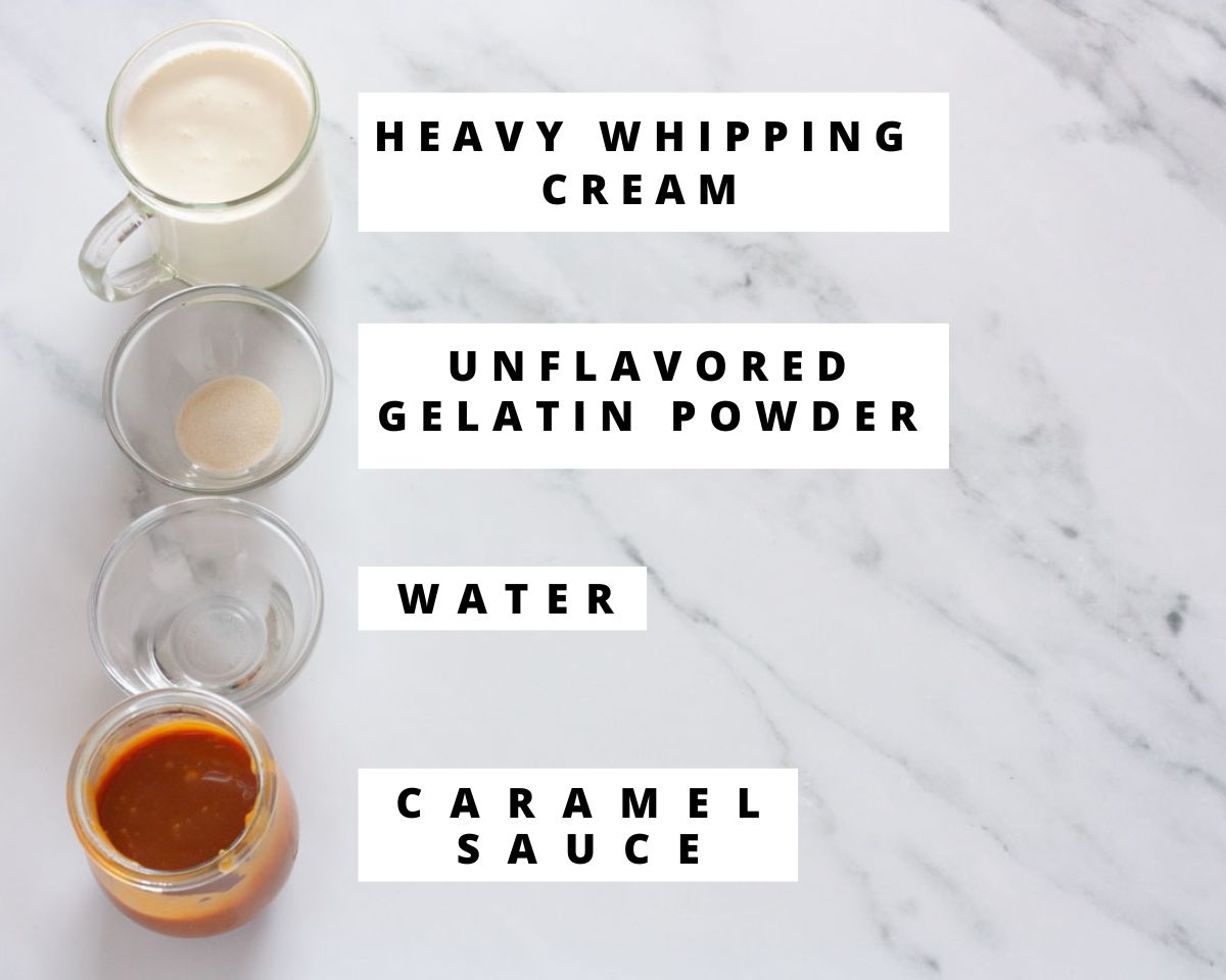 Labeled ingredients for stabilized caramel whipped cream.
