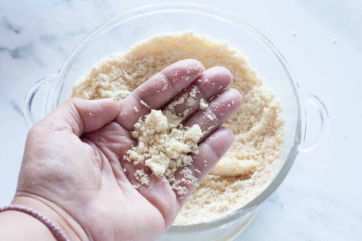 Butter pulsed in food processor with flour, sugar and salt and a hand holding some coarse crumbs.