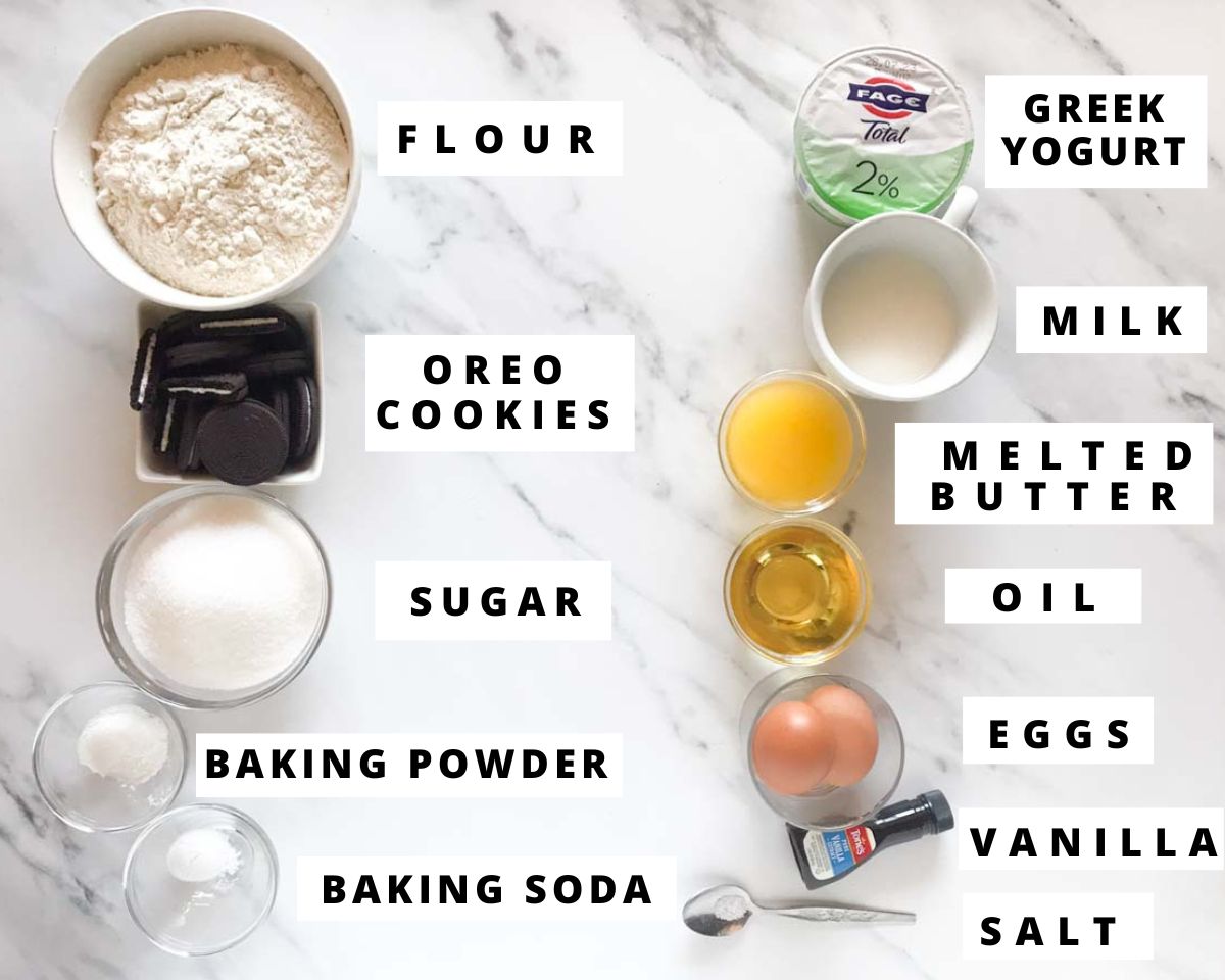 Labeled ingredients for Oreo muffins.