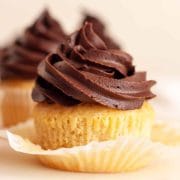 A closeup of dairy free chocolate frosting swirled on a vanilla cupcake.