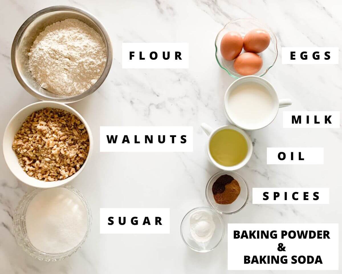 Labeled ingredients for karidopita cake.