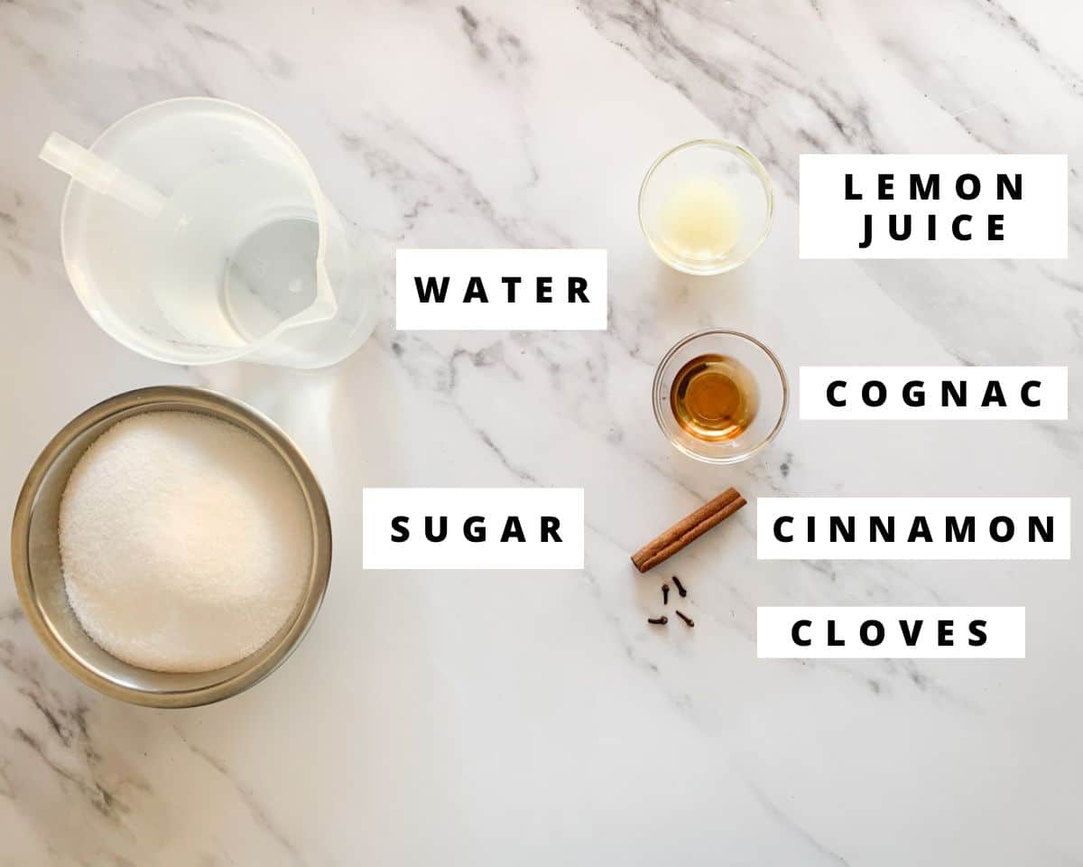 Labeled ingredients for karidopita syrup.