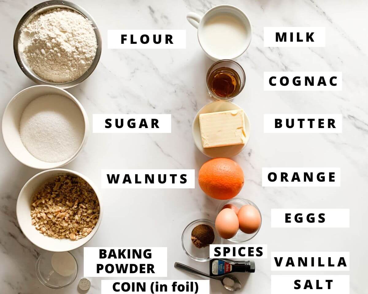 Labeled ingredients for greek new years cake, vasilopita.