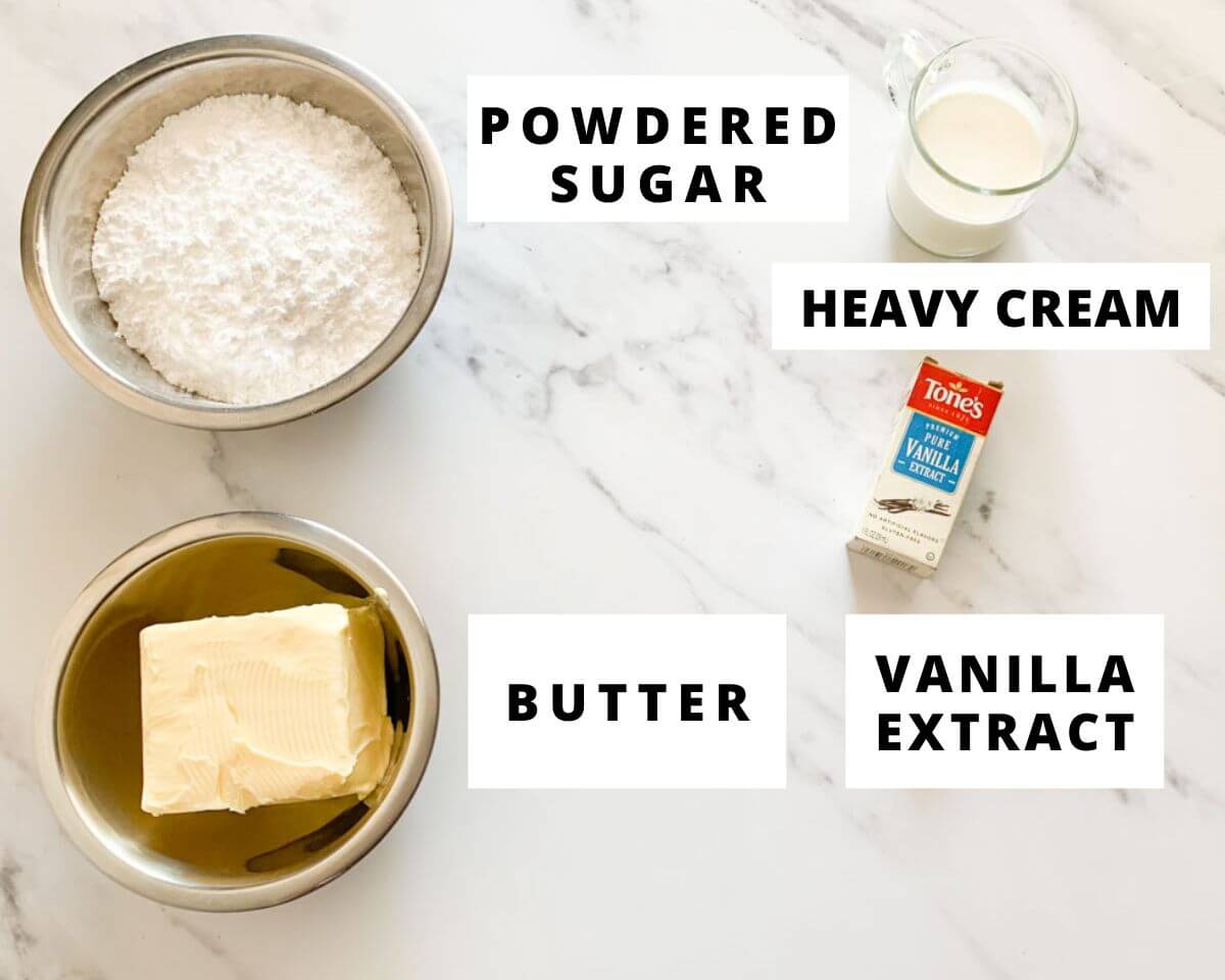 Labeled ingredients for less sweet vanilla buttercream frosting.