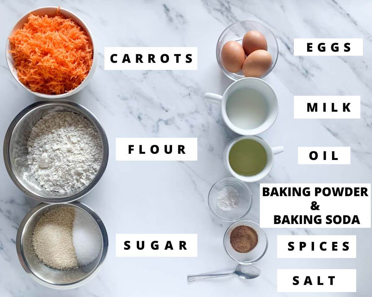 Labeled ingredients for carrot cake.