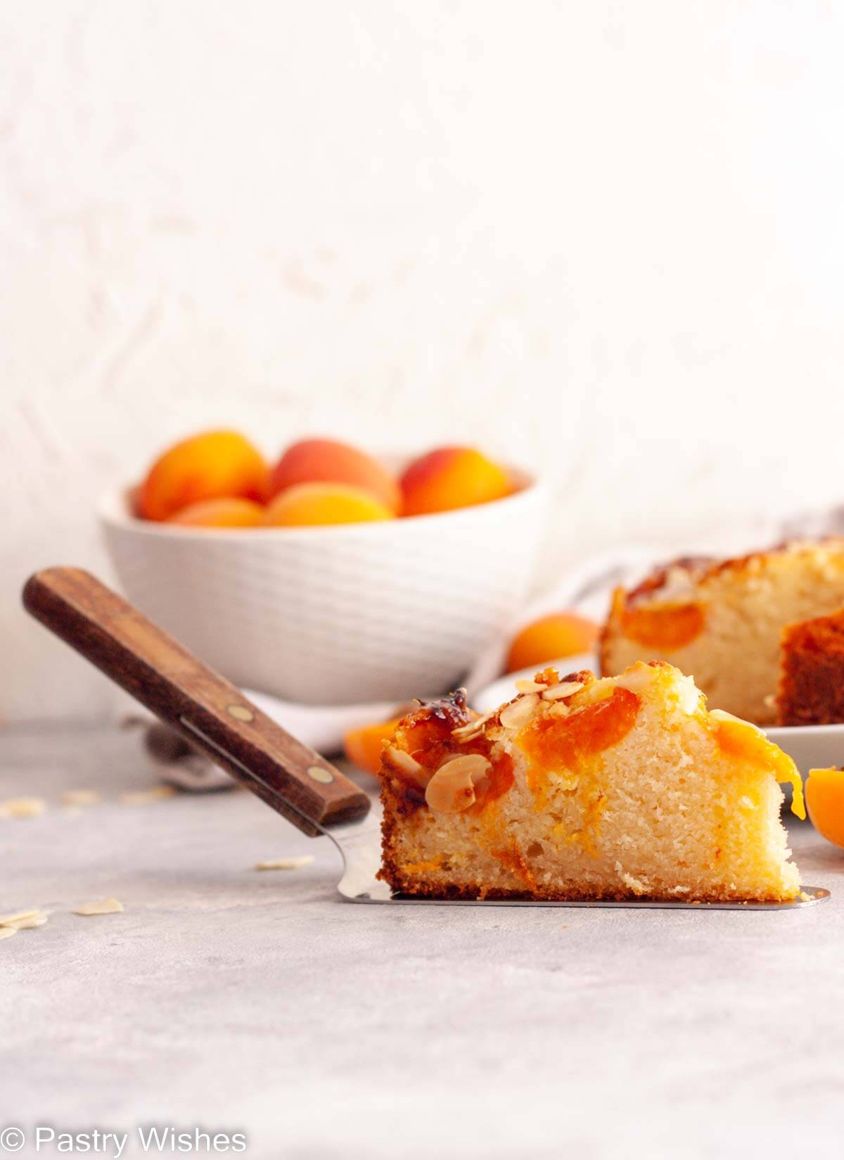A close-up of a slice of apricot almond cake on a cake server next to a bowl of fresh apricots.