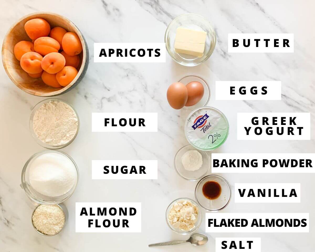 Labeled ingredients for apricot almond cake.