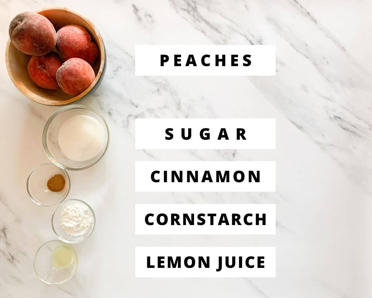 Labeled ingredients for peach crumble bars filling.