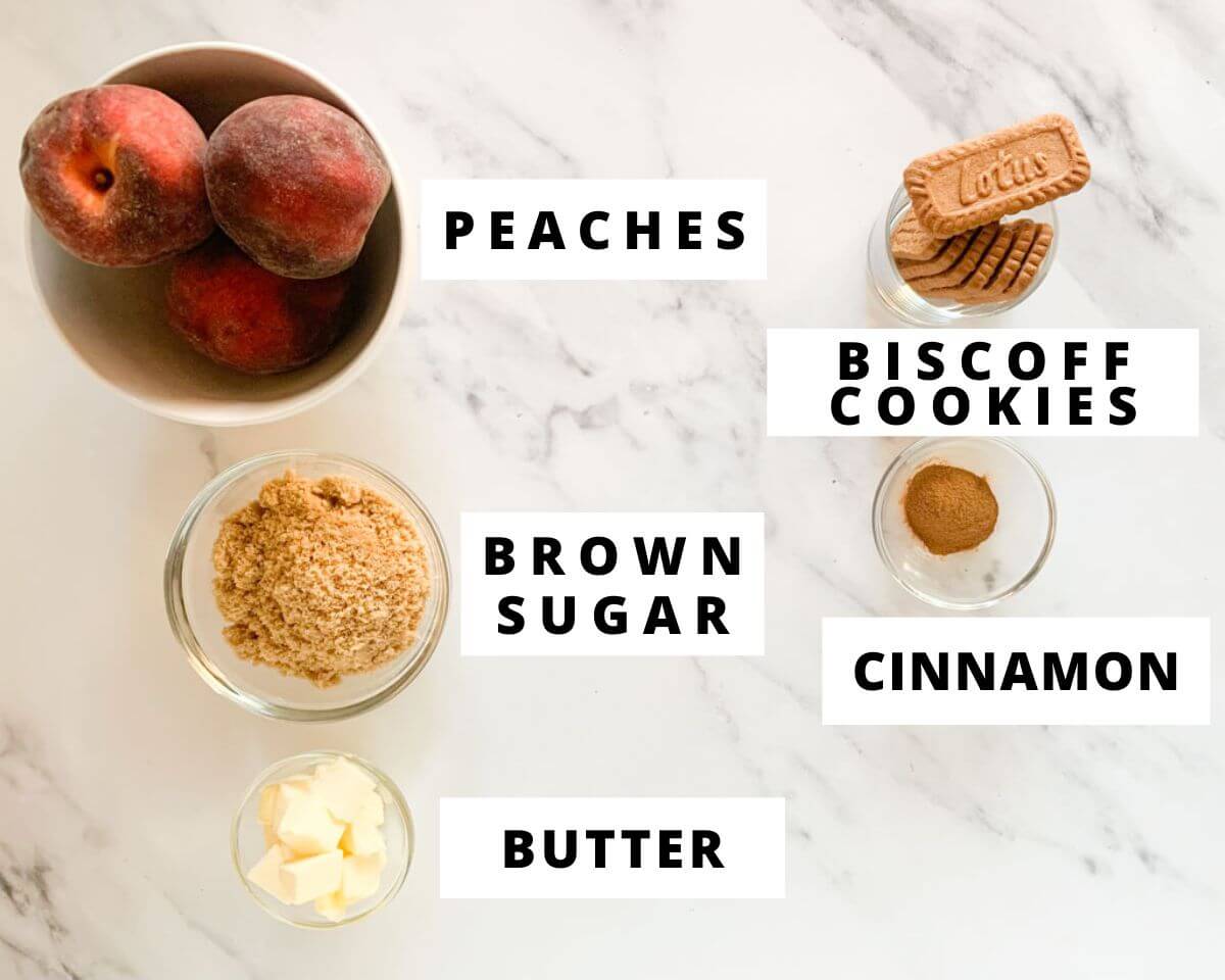 Labeled ingredients for peach filling and topping for cinnamon rolls.