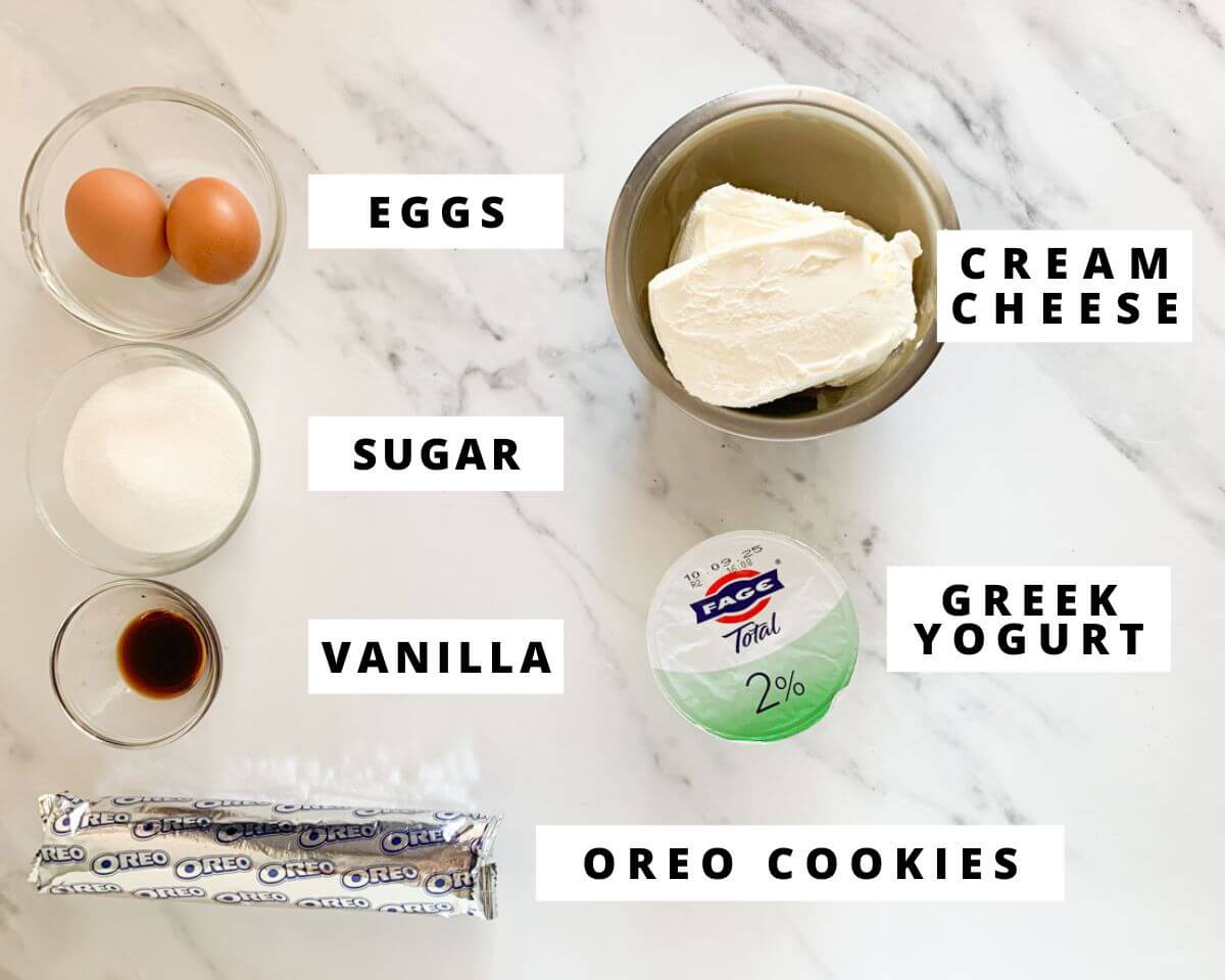 Labeled ingredients for Oreo brownie cheesecake filling.